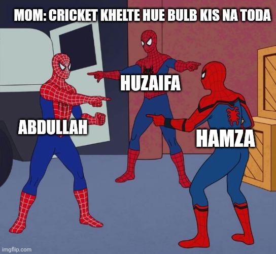 Spider Man Triple | MOM: CRICKET KHELTE HUE BULB KIS NA TODA; HUZAIFA; ABDULLAH; HAMZA | image tagged in spider man triple | made w/ Imgflip meme maker