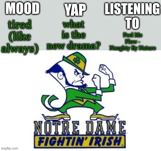 Notre_Dame_fan102's Second Announcement Temp | what is the new drama? tired (like always); Feel Me Flow - Naughty By Nature | image tagged in notre_dame_fan102's second announcement temp | made w/ Imgflip meme maker