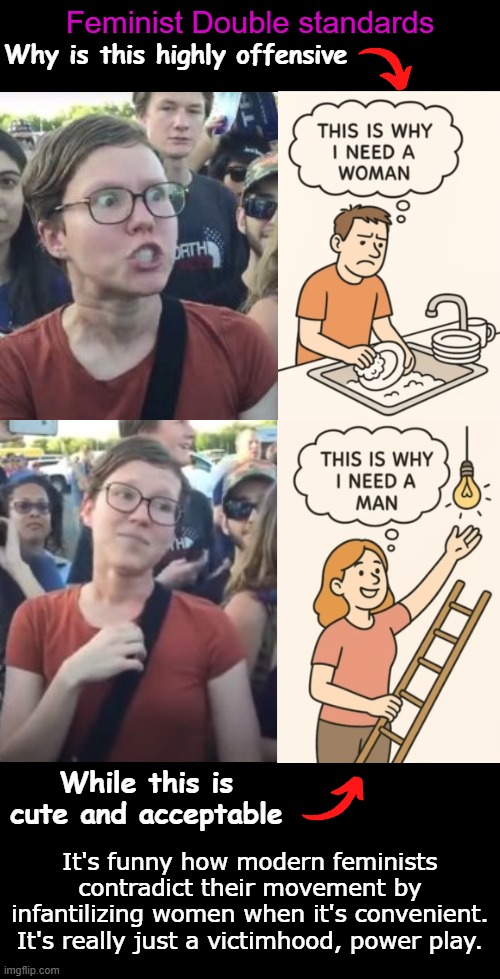 Modern feminist hypocrisy | Feminist Double standards; Why is this highly offensive; While this is cute and acceptable; It's funny how modern feminists contradict their movement by infantilizing women when it's convenient. It's really just a victimhood, power play. | image tagged in black background,modern feminist,feminism,hypocrisy,girl power,boss babe | made w/ Imgflip meme maker