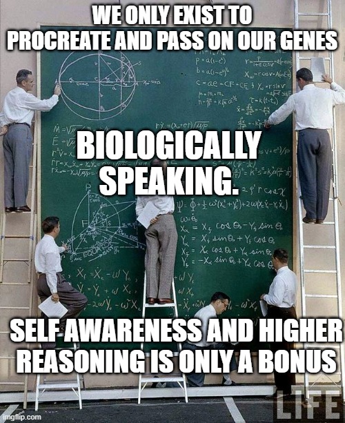 science | WE ONLY EXIST TO PROCREATE AND PASS ON OUR GENES BIOLOGICALLY SPEAKING. SELF AWARENESS AND HIGHER REASONING IS ONLY A BONUS | image tagged in science | made w/ Imgflip meme maker