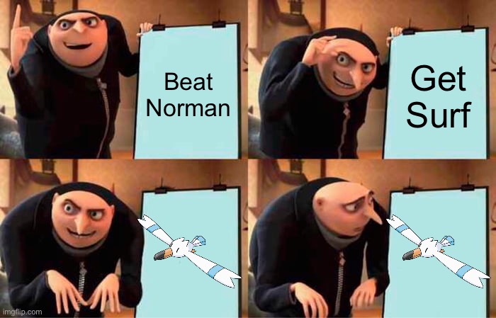 Gru's Plan Meme | Beat Norman; Get Surf | image tagged in memes,gru's plan,pokemon | made w/ Imgflip meme maker