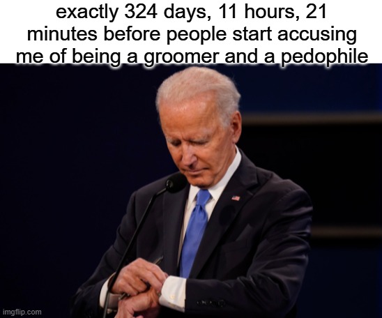 Merp :3 | exactly 324 days, 11 hours, 21 minutes before people start accusing me of being a groomer and a pedophile | image tagged in blank white template,joe biden debate watch,grooming,pedophilia | made w/ Imgflip meme maker