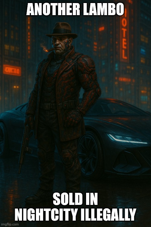 Cyberpunk Maelstrom Capone memes | ANOTHER LAMBO; SOLD IN NIGHTCITY ILLEGALLY | image tagged in maelstrom capone | made w/ Imgflip meme maker
