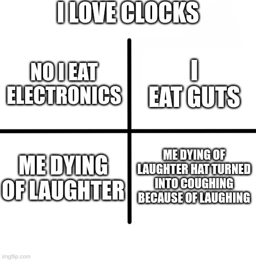 Blank Starter Pack | I LOVE CLOCKS; I EAT GUTS; NO I EAT ELECTRONICS; ME DYING OF LAUGHTER; ME DYING OF LAUGHTER HAT TURNED INTO COUGHING BECAUSE OF LAUGHING | image tagged in memes,blank starter pack | made w/ Imgflip meme maker