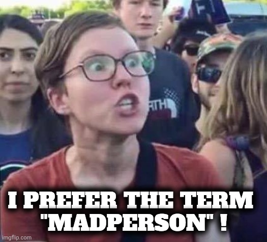 Angry Liberal | I PREFER THE TERM 
"MADPERSON" ! | image tagged in angry liberal | made w/ Imgflip meme maker