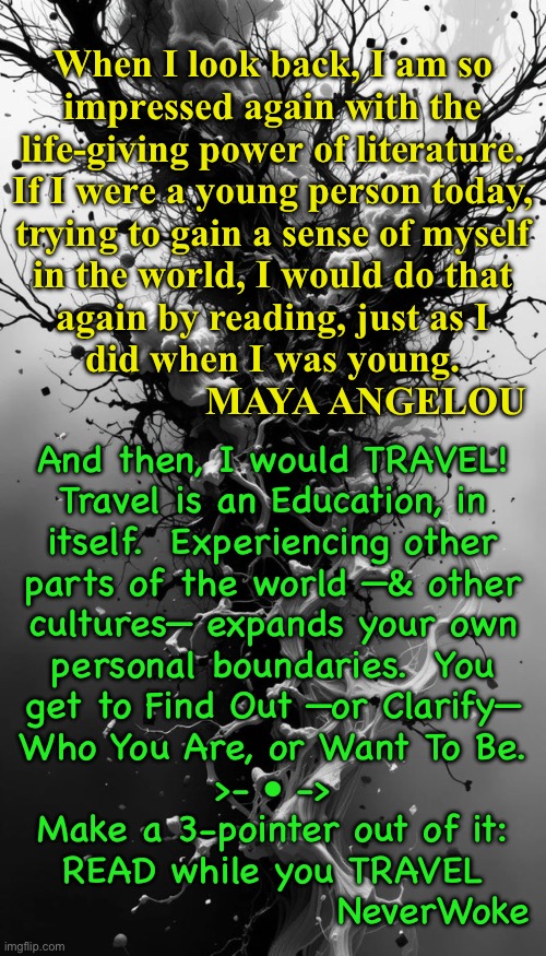 Live ~ Love ~ LEARN | When I look back, I am so
impressed again with the
life-giving power of literature.
If I were a young person today,
trying to gain a sense of myself
in the world, I would do that
again by reading, just as I
did when I was young.

                   MAYA ANGELOU; And then, I would TRAVEL!
Travel is an Education, in
itself.  Experiencing other
parts of the world —& other
cultures— expands your own
personal boundaries.  You
get to Find Out —or Clarify—
Who You Are, or Want To Be.
>- • ->
Make a 3-pointer out of it:
READ while you TRAVEL
                      NeverWoke | image tagged in memes,look here young people,no travel no growth,no reading no growth,improve your mind,learn something new | made w/ Imgflip meme maker