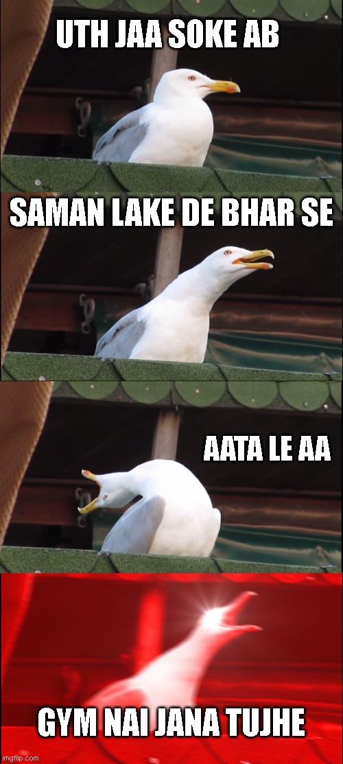 kaamchor | UTH JAA SOKE AB; SAMAN LAKE DE BHAR SE; AATA LE AA; GYM NAI JANA TUJHE | image tagged in memes,inhaling seagull | made w/ Imgflip meme maker