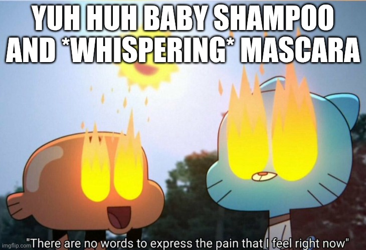 What on earth could burn like lava not lava? | YUH HUH BABY SHAMPOO AND *WHISPERING* MASCARA | image tagged in my eyes,the amazing world of gumball | made w/ Imgflip meme maker