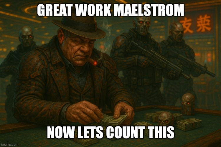 Maelstrom capone counting money | GREAT WORK MAELSTROM; NOW LETS COUNT THIS | image tagged in maelstrom capone counting money | made w/ Imgflip meme maker