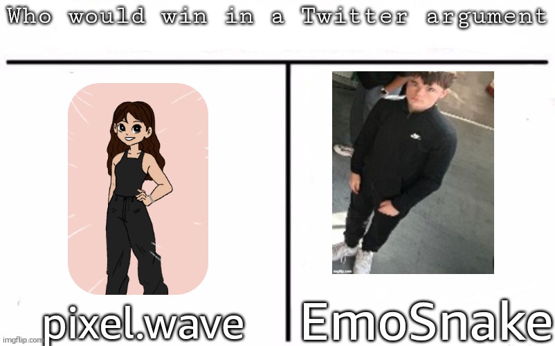 Pitting random mfs against each other | EmoSnake; pixel.wave | image tagged in pitting random mfs against each other | made w/ Imgflip meme maker