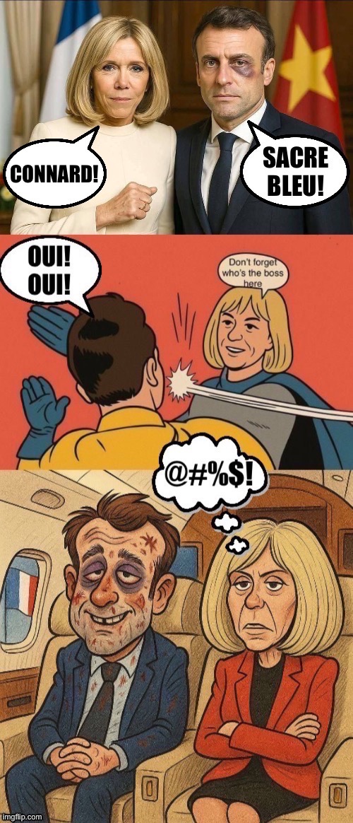Three different takes on “The Macron Incident”… | CONNARD! | image tagged in political meme,emmanuel macron,wife | made w/ Imgflip meme maker