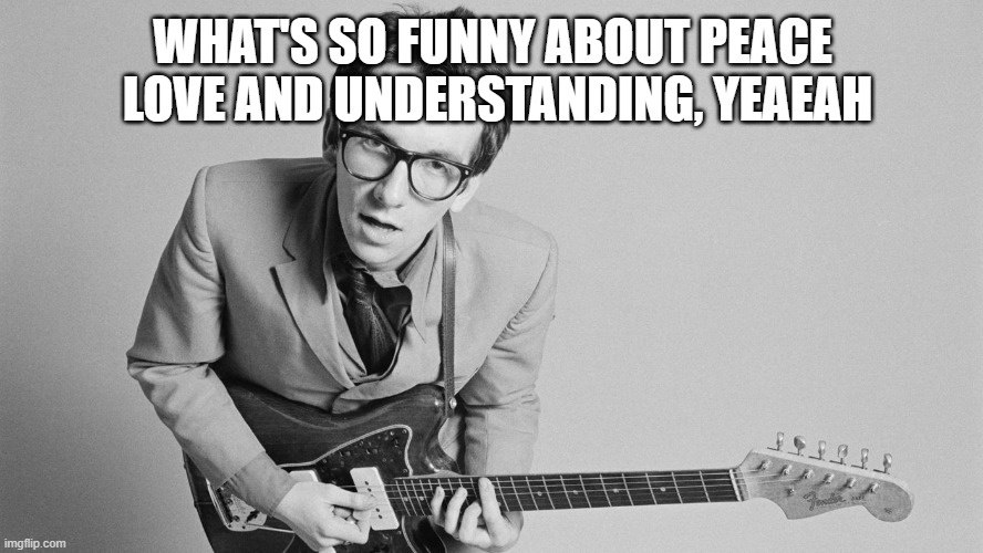 Elvis Costello | WHAT'S SO FUNNY ABOUT PEACE
 LOVE AND UNDERSTANDING, YEAEAH | image tagged in elvis costello | made w/ Imgflip meme maker