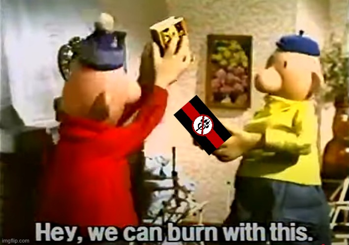 Pat & Mat burn the anti furry flag (I dislike anti furries but it doesn't mean I justify the fandom's actions) | image tagged in anti furry,flag,burning,cartoon,pat and mat,furry | made w/ Imgflip meme maker