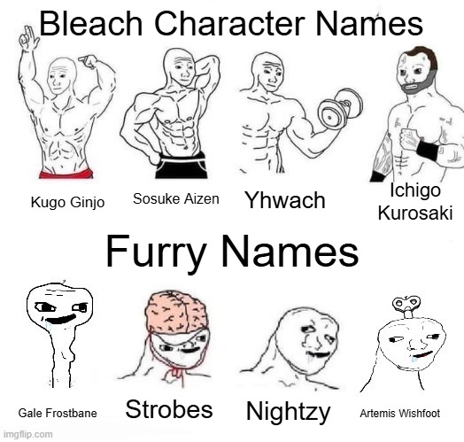 X in the Past vs. X Now | Bleach Character Names; Ichigo Kurosaki; Sosuke Aizen; Yhwach; Kugo Ginjo; Furry Names; Strobes; Nightzy; Gale Frostbane; Artemis Wishfoot | image tagged in x in the past vs x now,furry,bleach | made w/ Imgflip meme maker