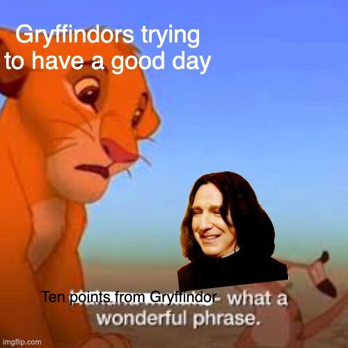 Hakuna Matata what a wonderful phrase | Gryffindors trying to have a good day; Ten points from Gryffindor | image tagged in hakuna matata what a wonderful phrase | made w/ Imgflip meme maker