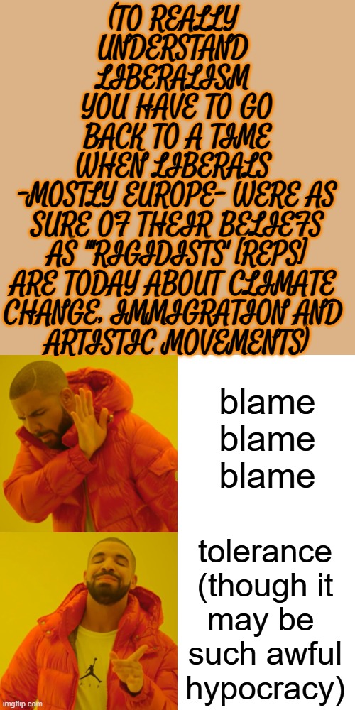 Drake Hotline Bling Meme | blame
blame
blame tolerance
 (though it 
may be 
such awful
hypocracy) (TO REALLY 

UNDERSTAND 

LIBERALISM 

YOU HAVE TO GO

 BACK TO A TIM | image tagged in memes,drake hotline bling | made w/ Imgflip meme maker