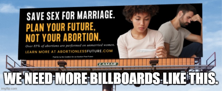 We need more billboards like this | WE NEED MORE BILLBOARDS LIKE THIS. | image tagged in billboard,save sex for marriage,abortion,out of wedlock,pregnancy | made w/ Imgflip meme maker