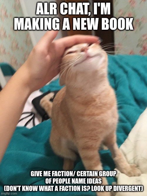 Help would be appreciated! | ALR CHAT, I'M MAKING A NEW BOOK; GIVE ME FACTION/ CERTAIN GROUP OF PEOPLE NAME IDEAS
(DON'T KNOW WHAT A FACTION IS? LOOK UP DIVERGENT) | image tagged in cat pat | made w/ Imgflip meme maker