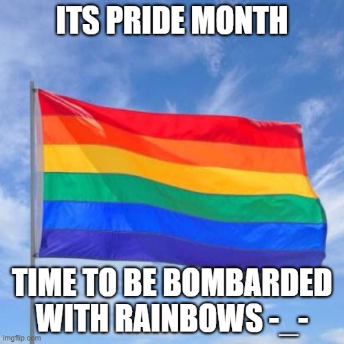 *title. not discriminating* | ITS PRIDE MONTH; TIME TO BE BOMBARDED WITH RAINBOWS -_- | image tagged in pride month,sigh,no offense,to pride,not homophobic,stop reading the tags | made w/ Imgflip meme maker