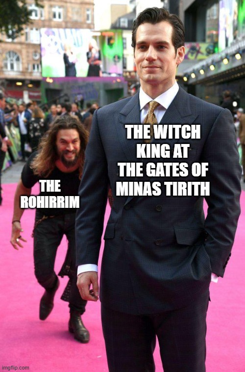 Sneaking up on Witch King | THE WITCH KING AT THE GATES OF MINAS TIRITH; THE ROHIRRIM | image tagged in lotr,tolkien,nazgul,rohirrim,witch king,pelennor | made w/ Imgflip meme maker