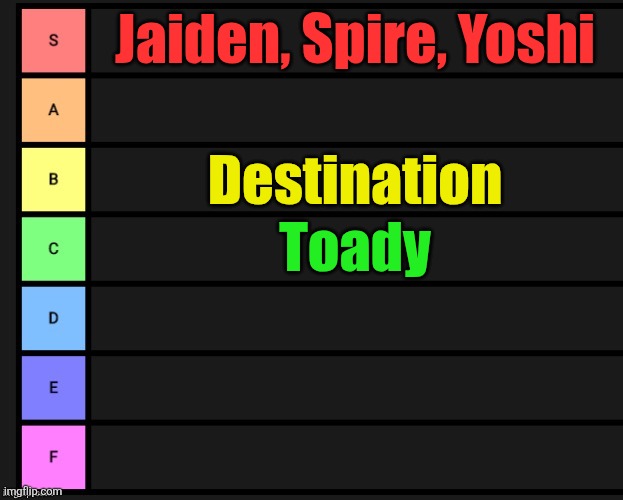 Tier List | Jaiden, Spire, Yoshi; Destination; Toady | image tagged in tier list | made w/ Imgflip meme maker