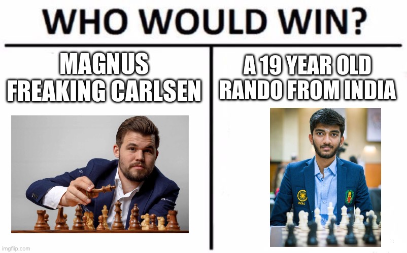Who Would Win? | MAGNUS FREAKING CARLSEN; A 19 YEAR OLD RANDO FROM INDIA | image tagged in memes,who would win | made w/ Imgflip meme maker