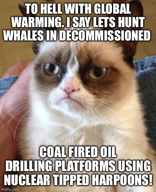 Let’s be antisocial | TO HELL WITH GLOBAL WARMING. I SAY LETS HUNT WHALES IN DECOMMISSIONED; COAL FIRED OIL DRILLING PLATFORMS USING NUCLEAR TIPPED HARPOONS! | image tagged in fun | made w/ Imgflip meme maker