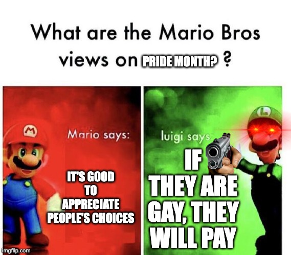 Mario Bros Views | PRIDE MONTH? IT'S GOOD TO APPRECIATE PEOPLE'S CHOICES; IF THEY ARE GAY, THEY WILL PAY | image tagged in mario bros views | made w/ Imgflip meme maker