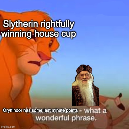 Hakuna Matata what a wonderful phrase | Slytherin rightfully winning house cup; Gryffindor has some last minute points | image tagged in hakuna matata what a wonderful phrase | made w/ Imgflip meme maker