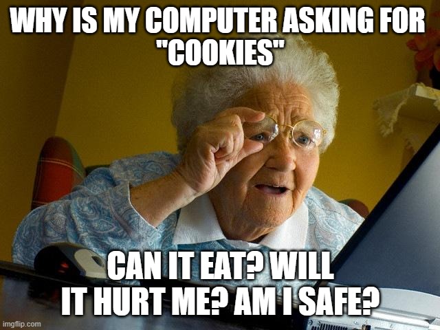 its going to eat me! | WHY IS MY COMPUTER ASKING FOR 


"COOKIES"; CAN IT EAT? WILL IT HURT ME? AM I SAFE? | image tagged in memes,grandma finds the internet | made w/ Imgflip meme maker
