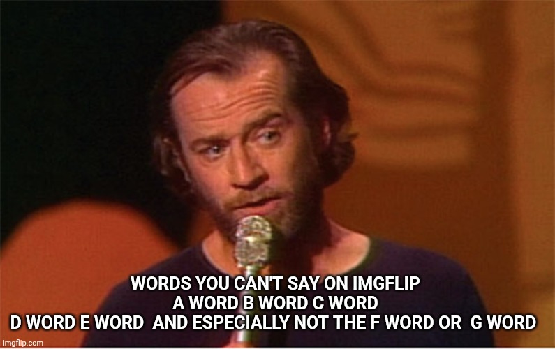 Getting banned for this | WORDS YOU CAN'T SAY ON IMGFLIP
 A WORD B WORD C WORD 
D WORD E WORD  AND ESPECIALLY NOT THE F WORD OR  G WORD | image tagged in george carlin | made w/ Imgflip meme maker