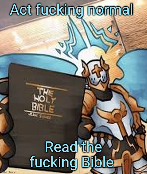 gabriel ultrakill | Act fucking normal; Read the fucking Bible | image tagged in gabriel ultrakill | made w/ Imgflip meme maker