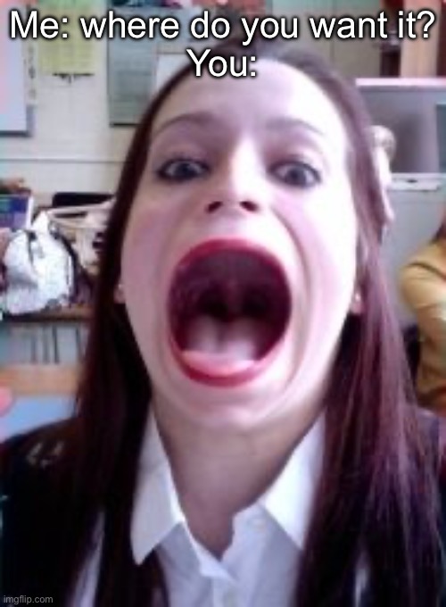 Big Mouth | Me: where do you want it?
You: | image tagged in big mouth | made w/ Imgflip meme maker