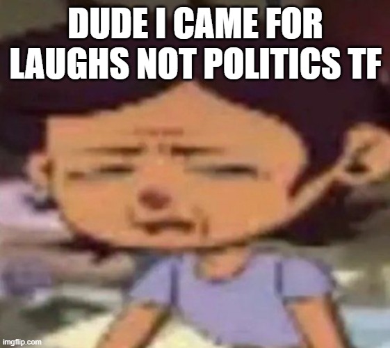 Luz distressed | DUDE I CAME FOR LAUGHS NOT POLITICS TF | image tagged in luz distressed | made w/ Imgflip meme maker