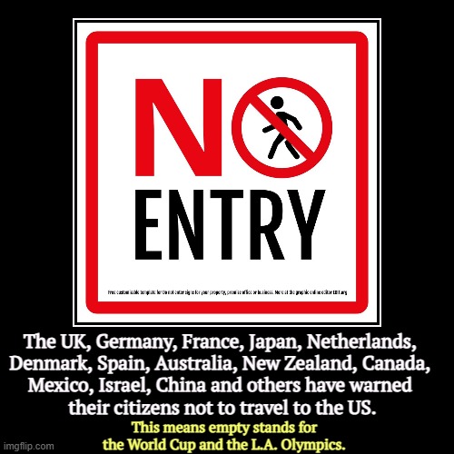 The UK, Germany, France, Japan, Netherlands, 
Denmark, Spain, Australia, New Zealand, Canada, 
Mexico, Israel, China and others have warned  | image tagged in funny,demotivationals,friends,trump,world cup,olympics | made w/ Imgflip demotivational maker
