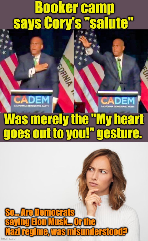 Now I get why the Librhoids like the "Everyone I Hate is a Nazi!" ploy. | Booker camp says Cory's "salute"; Was merely the "My heart goes out to you!" gesture. So... Are Democrats saying Elon Musk... Or the Nazi regime, was misunderstood? | made w/ Imgflip meme maker