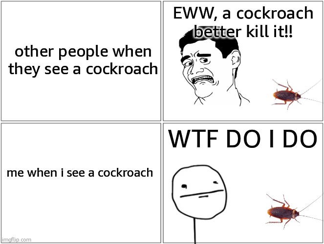 Kill It With Fire!! | EWW, a cockroach better kill it!! other people when they see a cockroach; WTF DO I DO; me when i see a cockroach | image tagged in memes,blank comic panel 2x2 | made w/ Imgflip meme maker