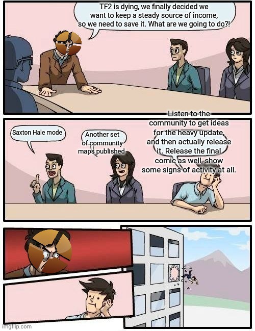 Boardroom Meeting Suggestion | TF2 is dying, we finally decided we want to keep a steady source of income, so we need to save it. What are we going to do?! Listen to the community to get ideas for the heavy update, and then actually release it. Release the final comic as well, show some signs of activity at all. Saxton Hale mode; Another set of community maps published | image tagged in memes,boardroom meeting suggestion,tf2 | made w/ Imgflip meme maker