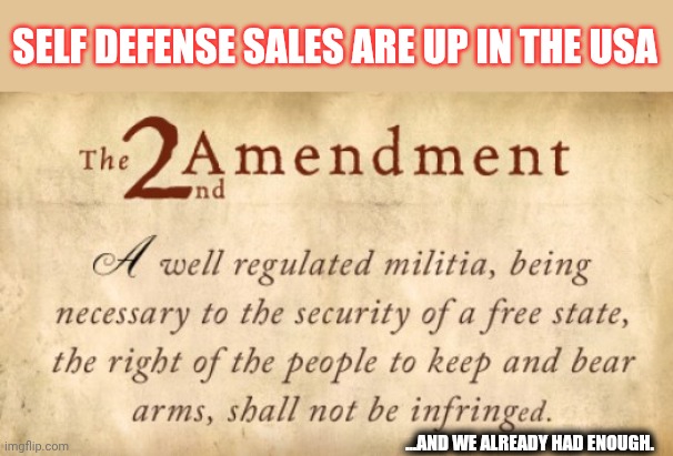 The United States of America is Worth Defending, correct? | SELF DEFENSE SALES ARE UP IN THE USA; ...AND WE ALREADY HAD ENOUGH. | image tagged in 2nd amendment,250,we are here | made w/ Imgflip meme maker