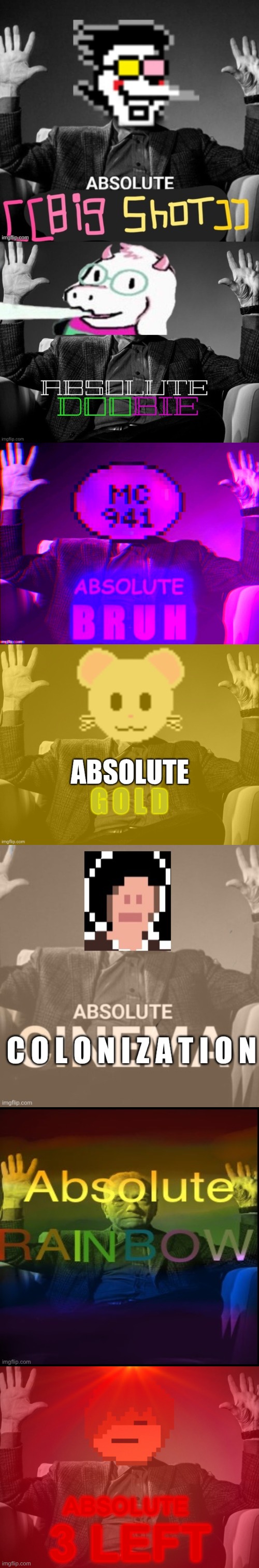 image tagged in absolute big shot,absolute doobie,absolute bruh,absolute gold,colonized lmao,absolute 3 left | made w/ Imgflip meme maker