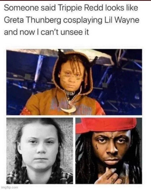 image tagged in trippie redd,greta thunberg,lil wayne,cosplay | made w/ Imgflip meme maker