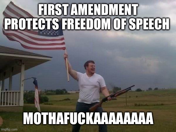 American flag shotgun guy | FIRST AMENDMENT PROTECTS FREEDOM OF SPEECH MOTHAFUCKAAAAAAAA | image tagged in american flag shotgun guy | made w/ Imgflip meme maker