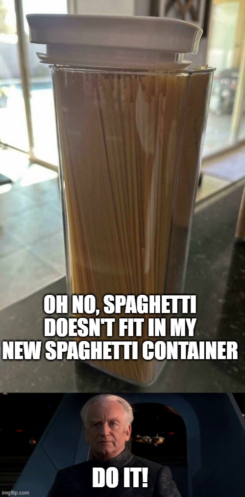 Spaghetti container | OH NO, SPAGHETTI DOESN'T FIT IN MY NEW SPAGHETTI CONTAINER; DO IT! | image tagged in italian,spaghetti,mafia | made w/ Imgflip meme maker