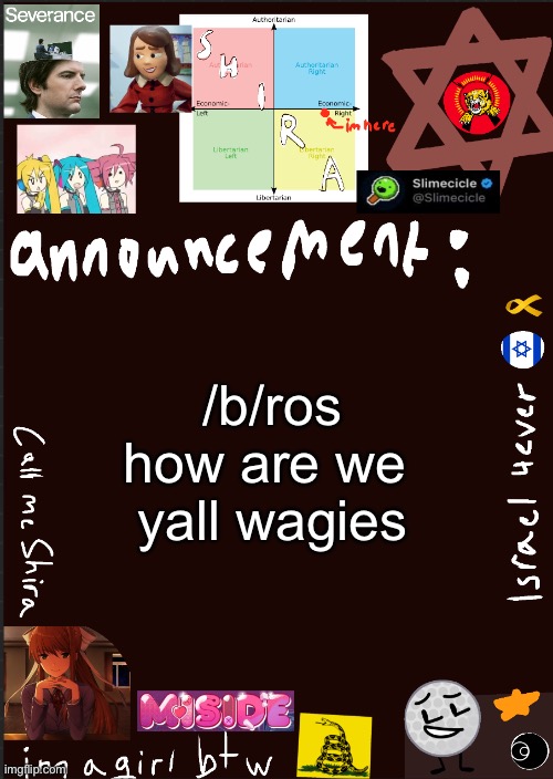 shira’s cool new temp | /b/ros how are we 
yall wagies | image tagged in shira s cool new temp | made w/ Imgflip meme maker
