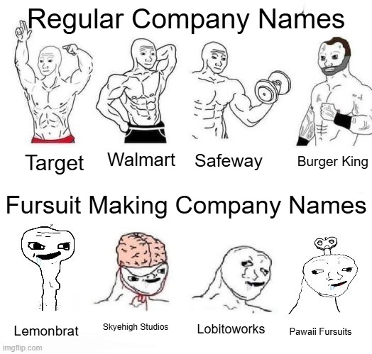 Regular vs. Fursuit-Making Company Names | Regular Company Names; Burger King; Walmart; Safeway; Target; Fursuit Making Company Names; Skyehigh Studios; Lobitoworks; Lemonbrat; Pawaii Fursuits | image tagged in x in the past vs x now,furry,company | made w/ Imgflip meme maker