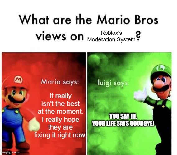 and i guess thats how roblox's moderation works... | Roblox's Moderation System; It really isn't the best at the moment. I really hope they are fixing it right now. YOU SAY HI,
YOUR LIFE SAYS GOODBYE! | image tagged in mario bros views | made w/ Imgflip meme maker