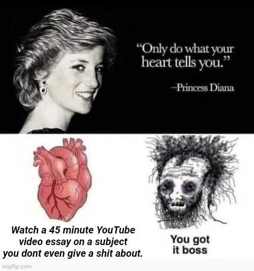 "Only do what your heart tells you." | Watch a 45 minute YouTube video essay on a subject you dont even give a shit about. | image tagged in only do what your heart tells you | made w/ Imgflip meme maker