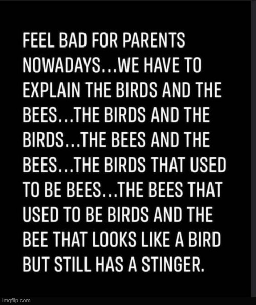 Parenting is hard | image tagged in so true,these are confusing times,parents,birds and bees,modern problems | made w/ Imgflip meme maker