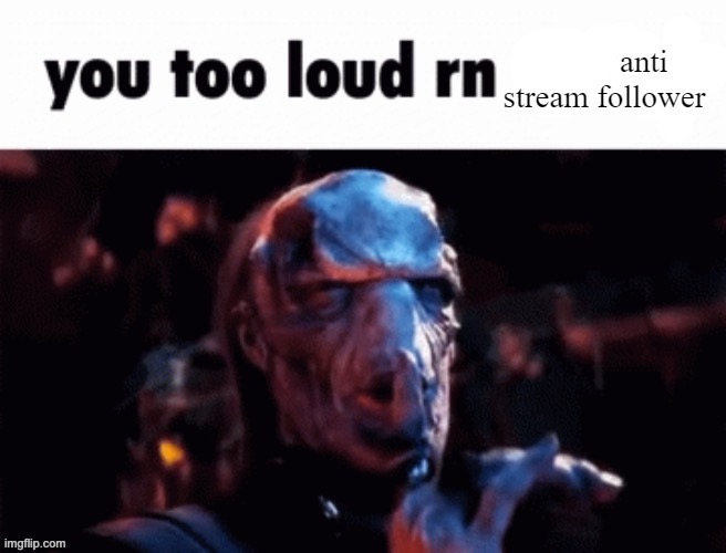 you too loud rn every anti stream follower | image tagged in you too loud rn every anti stream follower | made w/ Imgflip meme maker