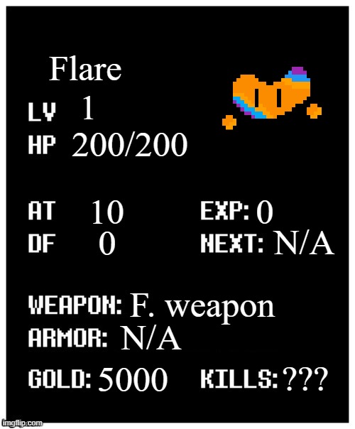 Stats may look weird. Explainations in comments. | Flare; 1; 200/200; 0; 10; 0; N/A; F. weapon; N/A; ??? 5000 | image tagged in undertale player stats | made w/ Imgflip meme maker